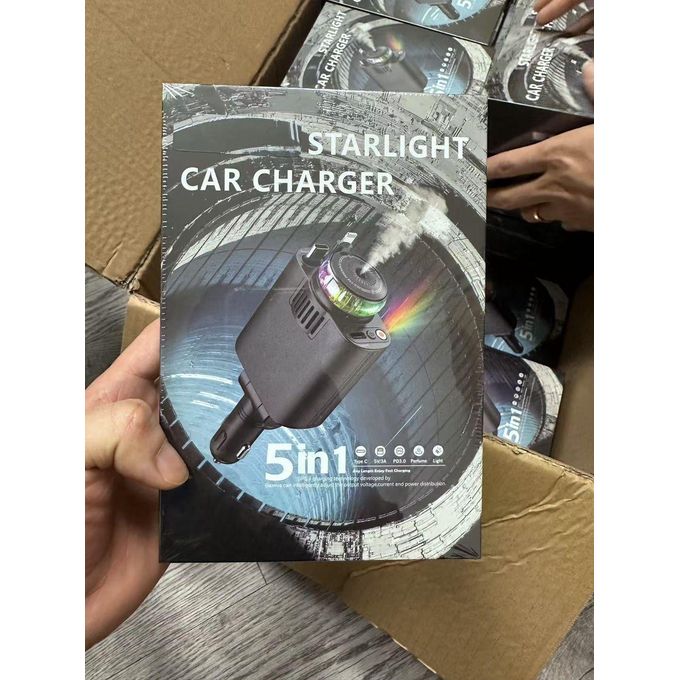 Aromatherapy Car Charger Roof Starlight 5 In 1 Retractable Cable 66W Fast Charger Adapter USB A & USB C Compatible With All Phones, IPad And Gadget