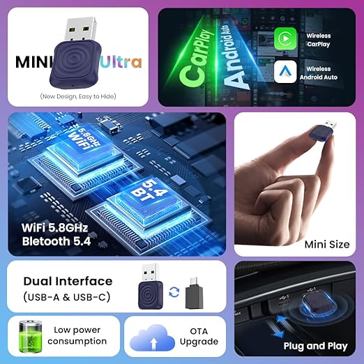 MINI Wireless CarPlay Android Auto Adapter, Ultra Series, Easy to Hide, Stable Connection