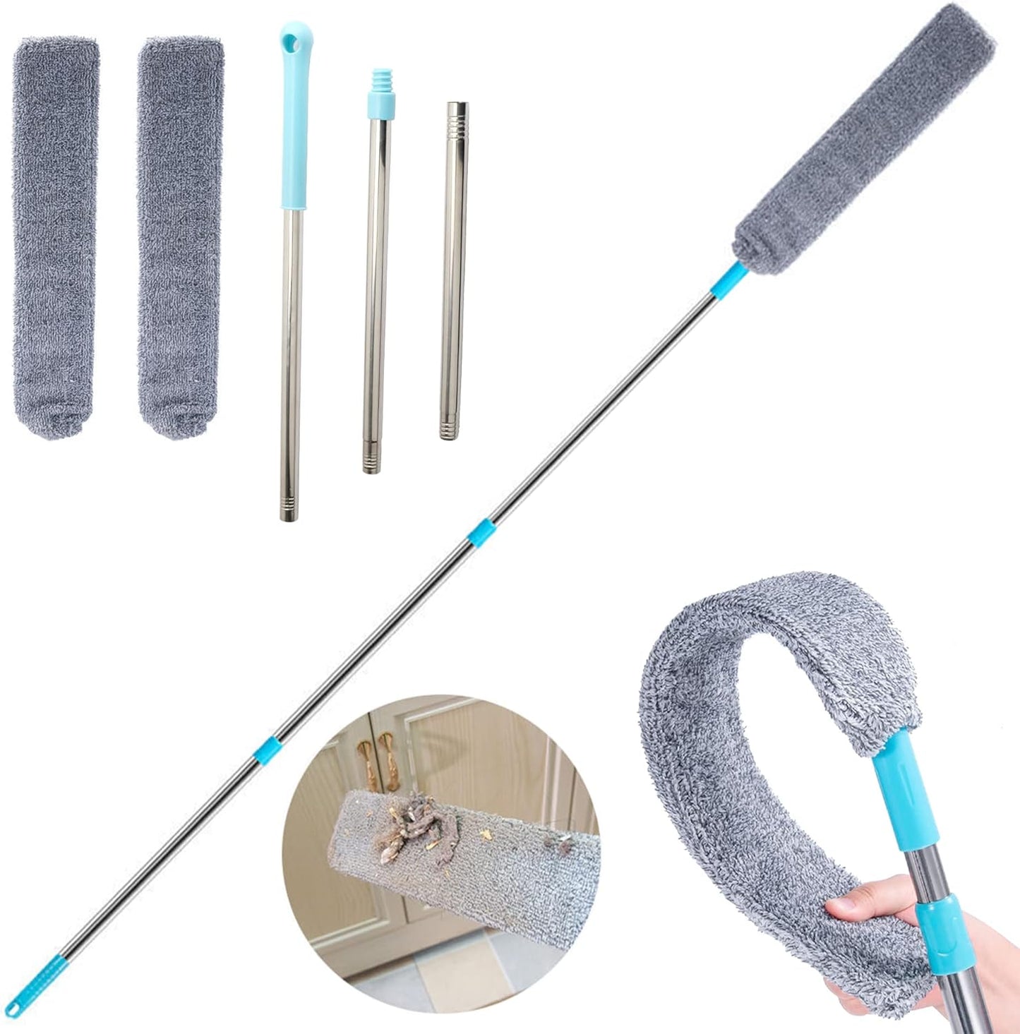 Under Appliance Microfiber Duster Dust Cleaning Brush with Extendable Pole (31.5''-47.6'') Retractable Gap Dust Cleaner Bendable Removable Washable Gap Duster for Sofa Bed Furniture Bottom