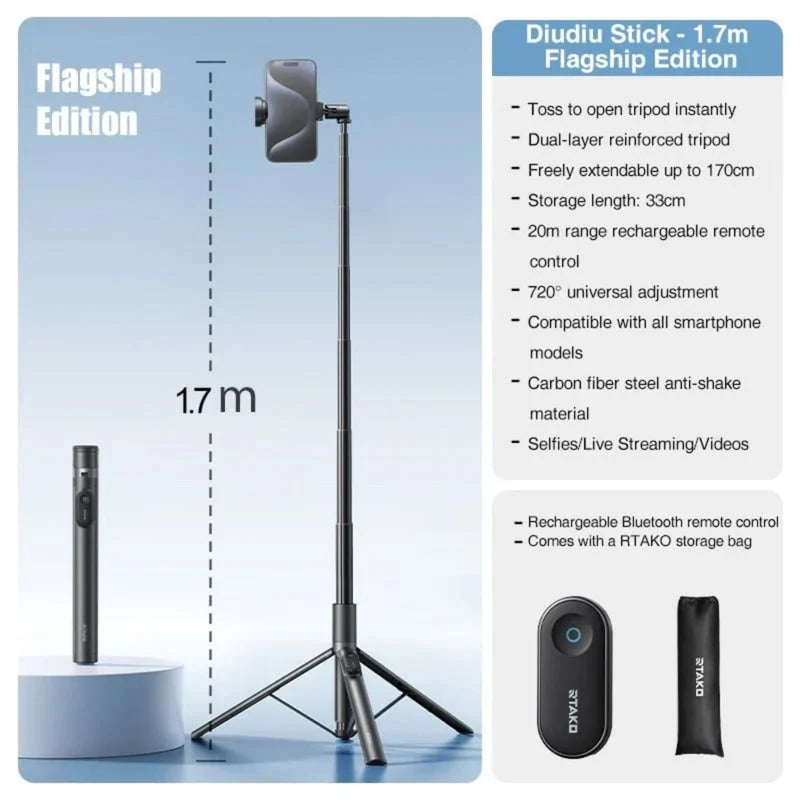 RTAKO Foldable Selfie Stick With Extendable Tripod