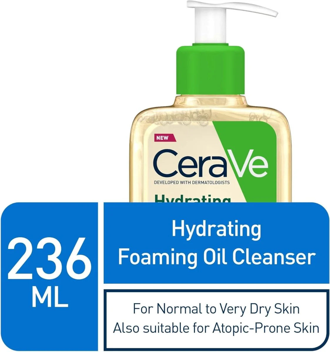 CERAVE CeraVe Hydrating Foaming Oil Cleanser for Normal to Very Dry Skin with Squalane, Triglyceride and 3 Essential Ceramides (For Face and Body), Clear, 236 ml