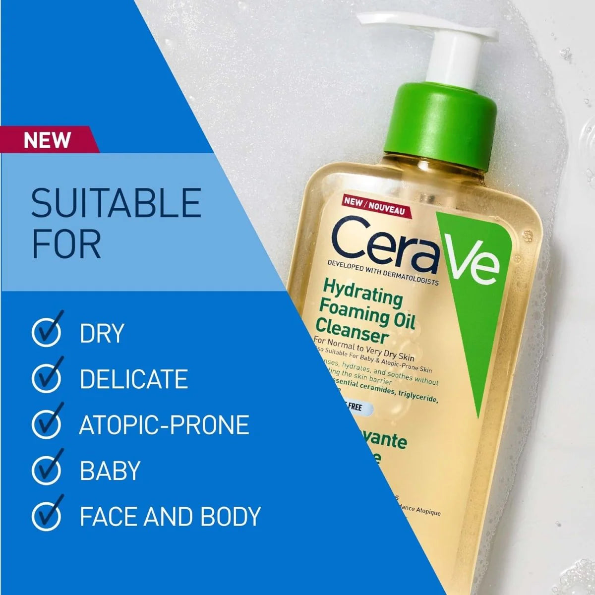 CERAVE CeraVe Hydrating Foaming Oil Cleanser for Normal to Very Dry Skin with Squalane, Triglyceride and 3 Essential Ceramides (For Face and Body), Clear, 236 ml
