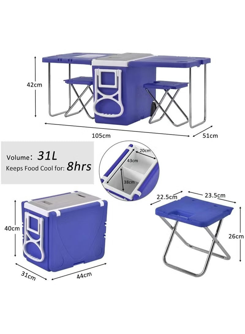 Expandable Cool Box with Wheels and Foldable Picnic Table for Camping