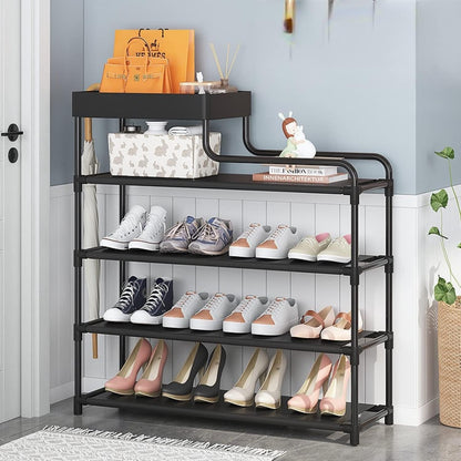 Shoes Rack - Multi-Layer Household Shoe Cabinet For 12 Pairs Of Shoes - 4 Layered Metal Books, Keys, Bags, Towels And Other Household Accessories Organizer (60 x 60 x 21 CM, Black)