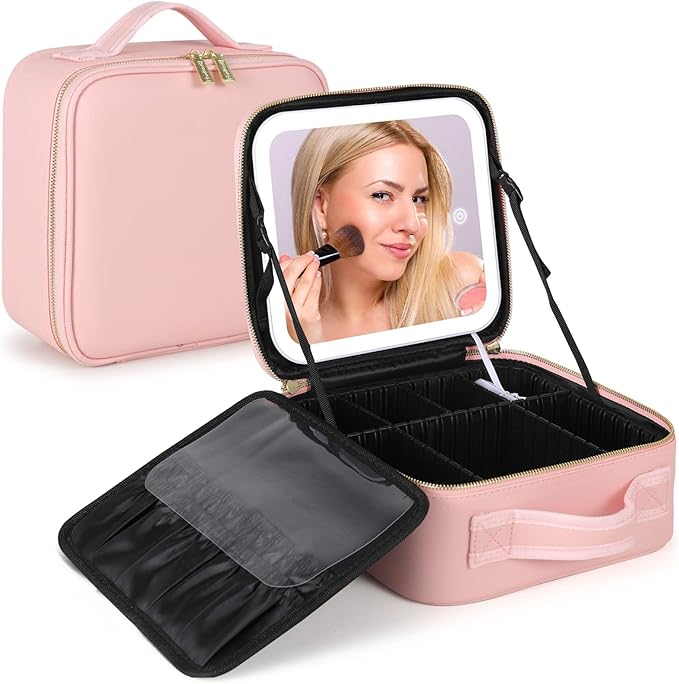 Lighted Makeup Bag with Mirror – Portable Cosmetic Organizer with Adjustable Dividers for Travel