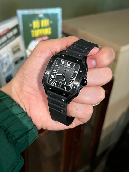 Cartier Santos Black Ceramic Replica Watch Rubber Strap