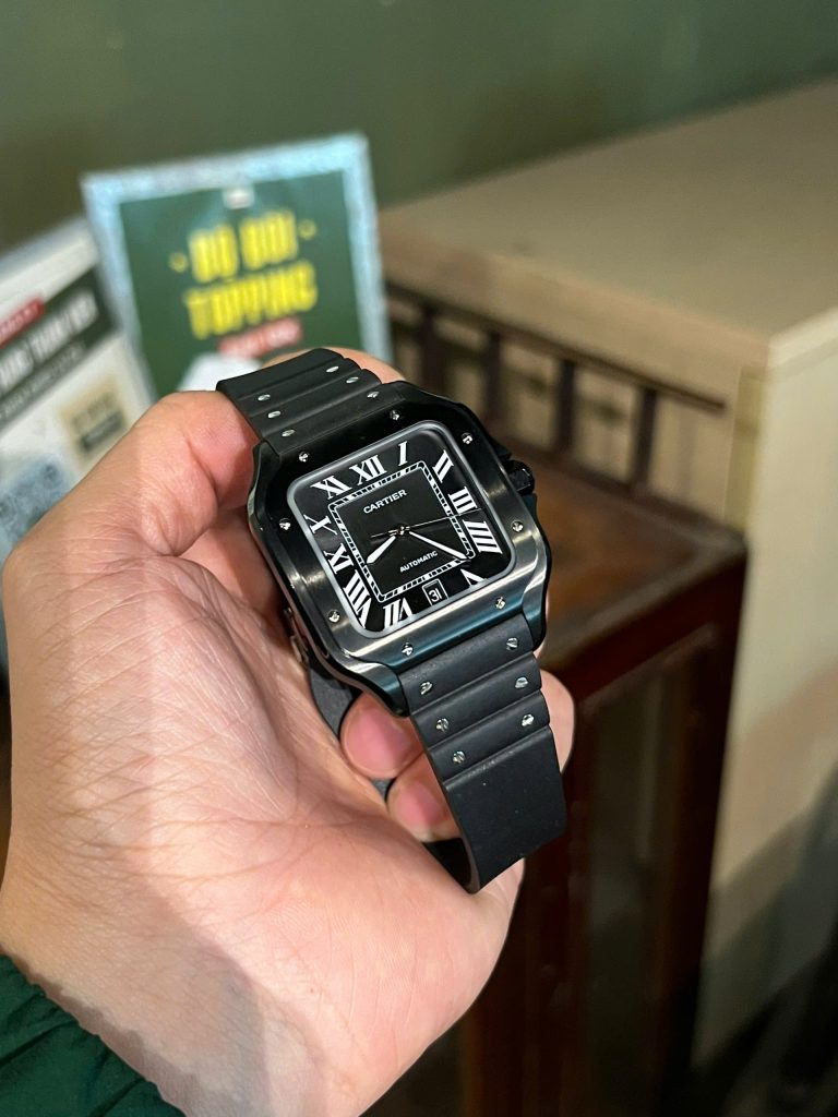 Cartier Santos Black Ceramic Replica Watch Rubber Strap BV Factory 39.8mm