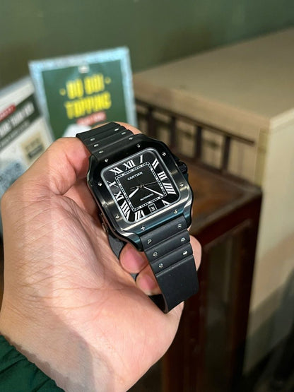 Cartier Santos Black Ceramic Replica Watch Rubber Strap