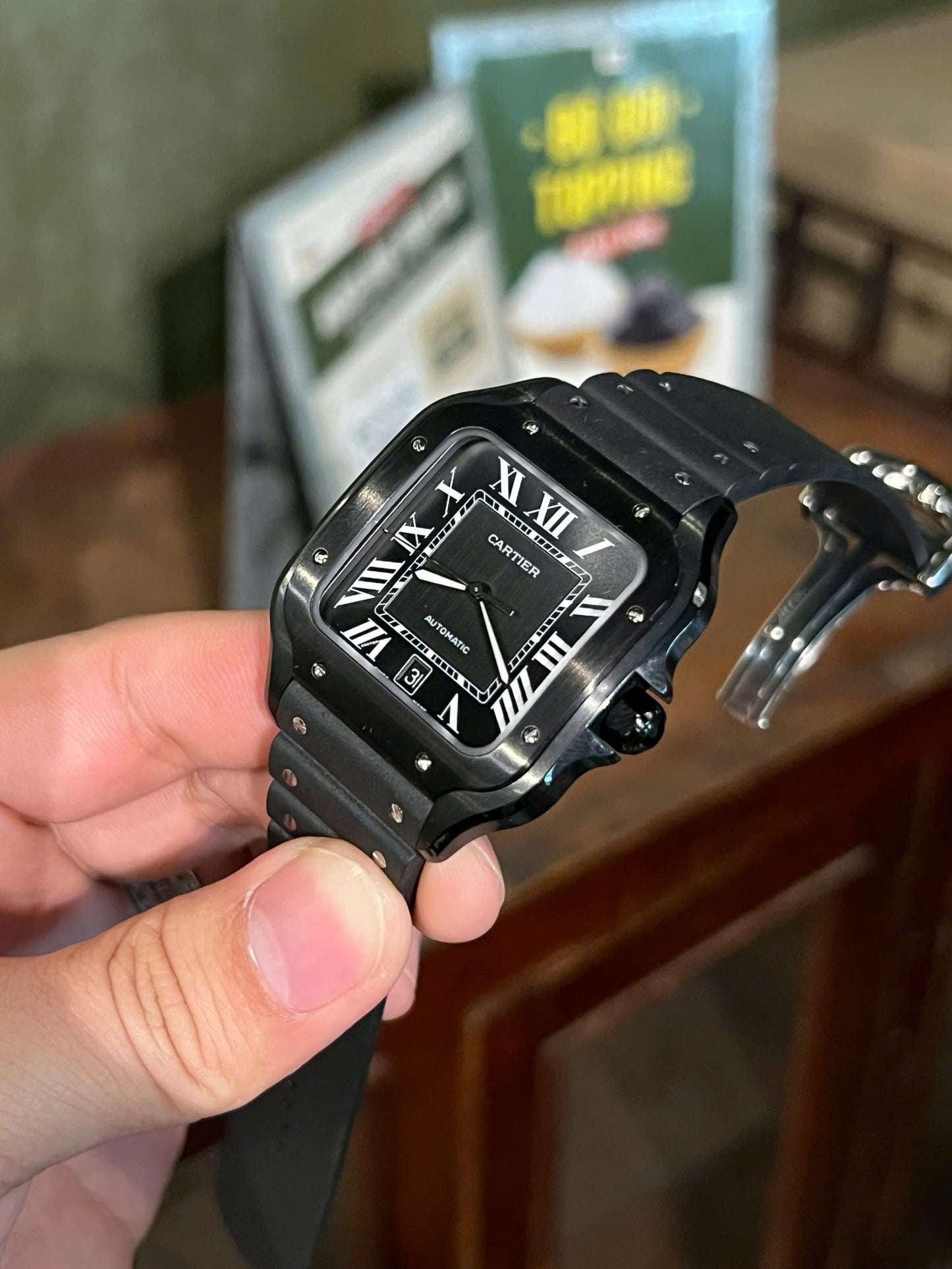 Cartier Santos Black Ceramic Replica Watch Rubber Strap BV Factory 39.8mm