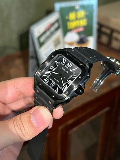 Cartier Santos Black Ceramic Replica Watch Rubber Strap