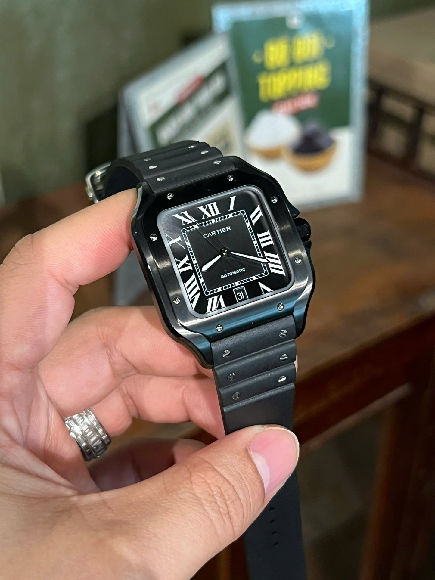 Cartier Santos Black Ceramic Replica Watch Rubber Strap BV Factory 39.8mm