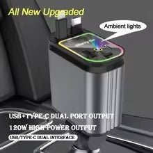 4 in 1 120W Retractable Car Charger USB Type C Cable for iPhone Samsung Super Fast Charging Cigarette Lighter Adapter